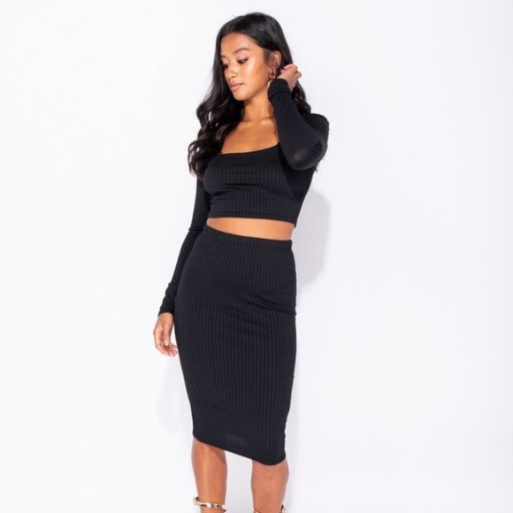 Kacy Black Rib Knit Crop Top & Midi Skirt Set - Picture 9 of 12